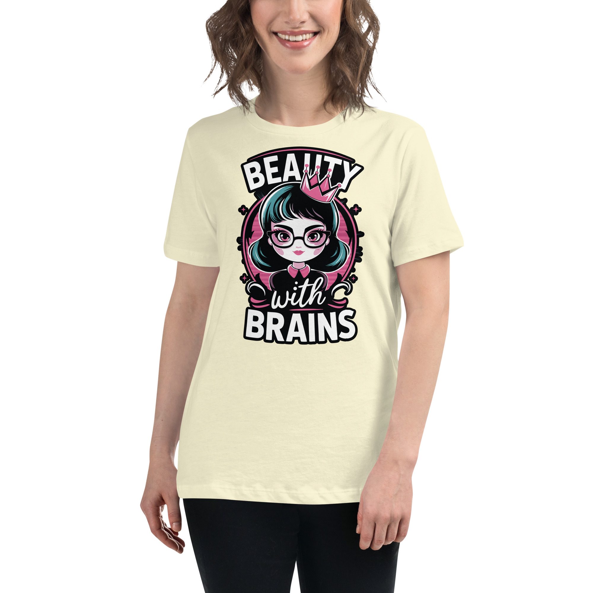 womens-relaxed-t-shirt-citron-front-68346f2f3a0fa.jpg Beauty Brains Women's Relaxed T-Shirt