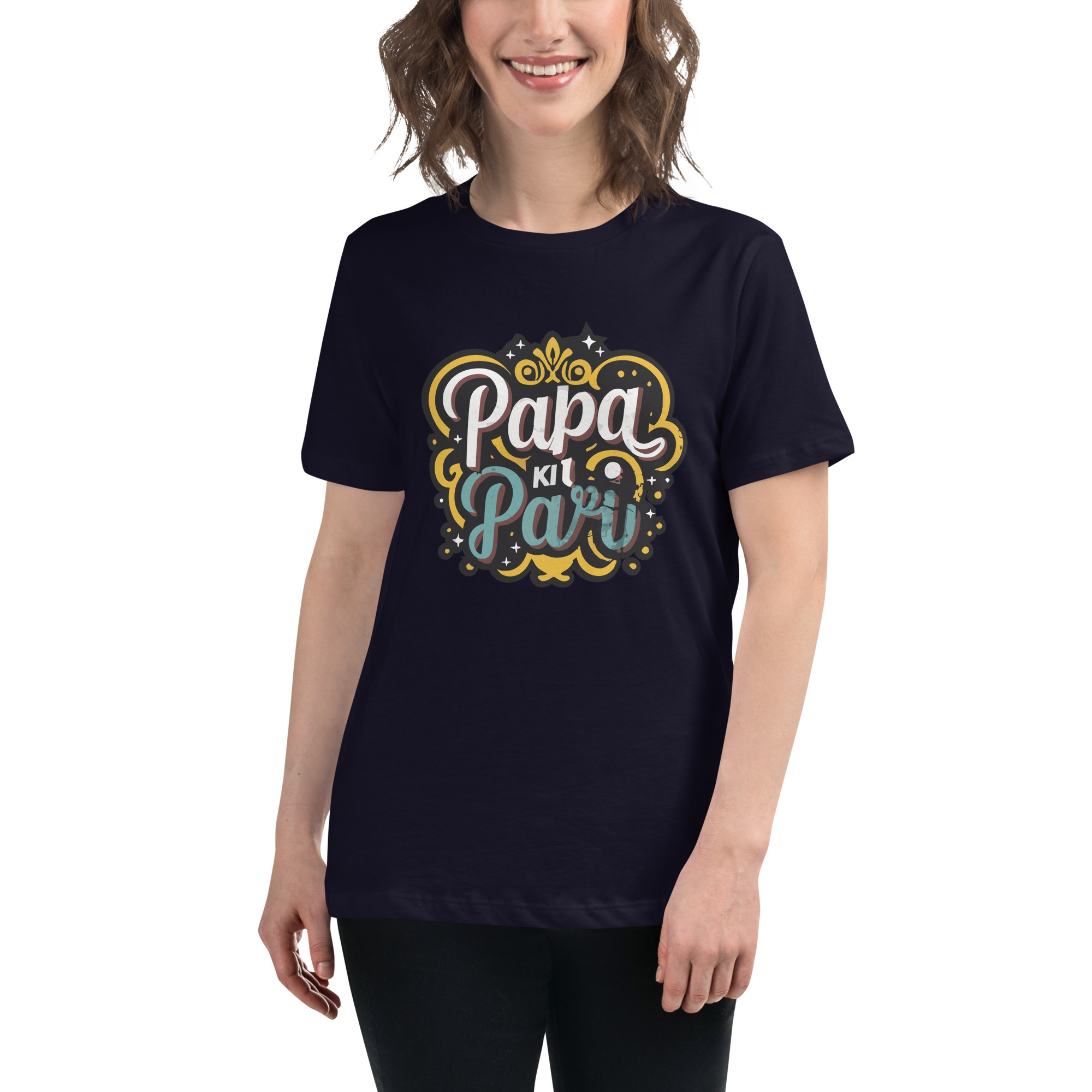 womens-relaxed-t-shirt-navy-front-6832e1e780d2f.jpg Papa ki Pari Women's Relaxed T-Shirt