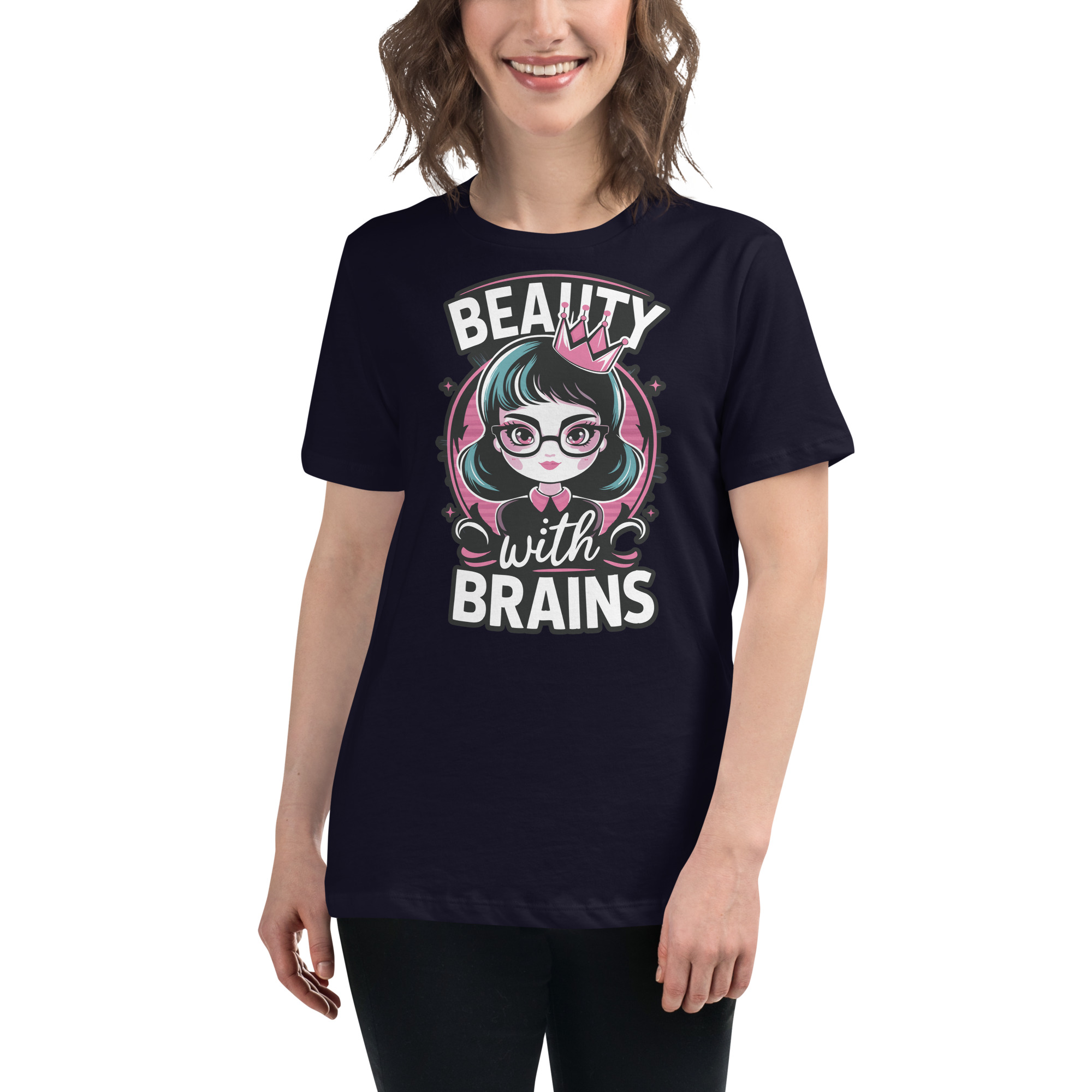 womens-relaxed-t-shirt-navy-front-68346f2e40a4c.jpg Beauty Brains Women's Relaxed T-Shirt