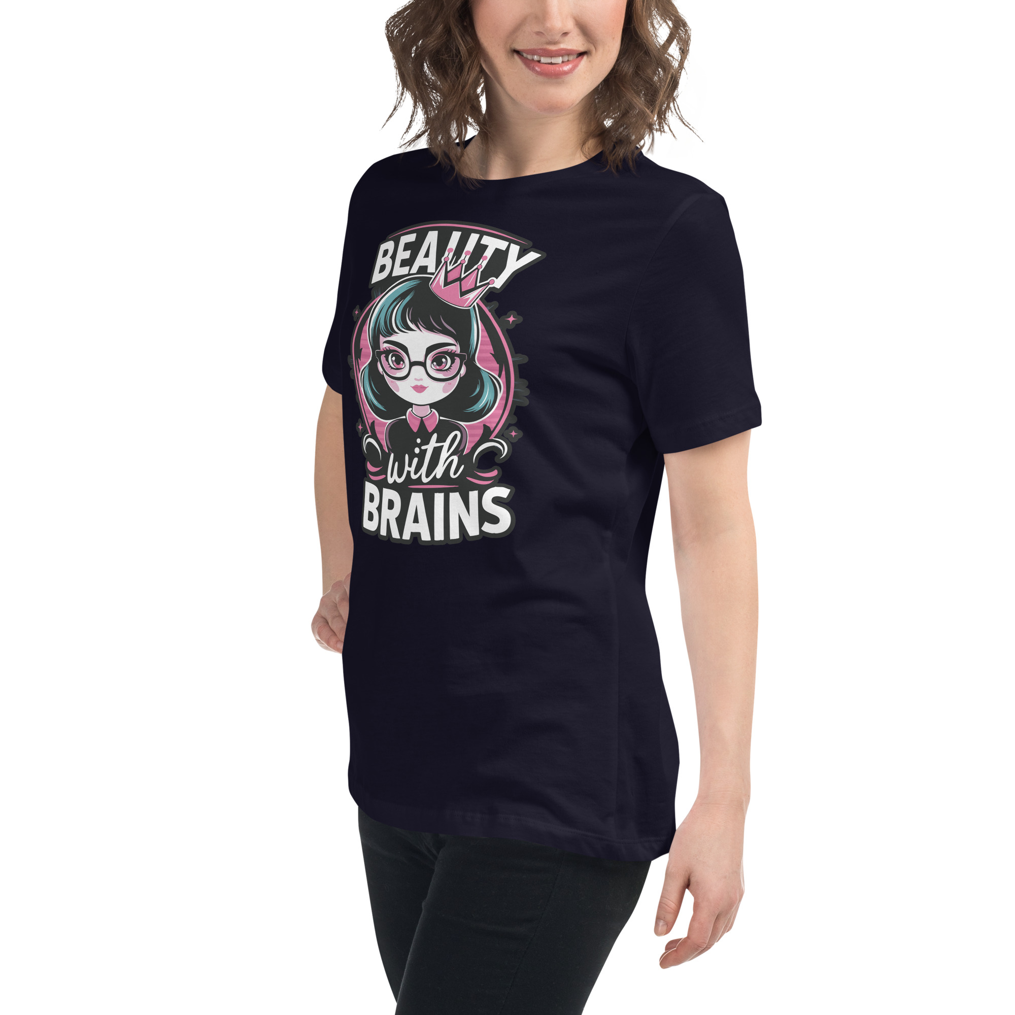 womens-relaxed-t-shirt-navy-left-front-68346f2e41915.jpg Beauty Brains Women's Relaxed T-Shirt