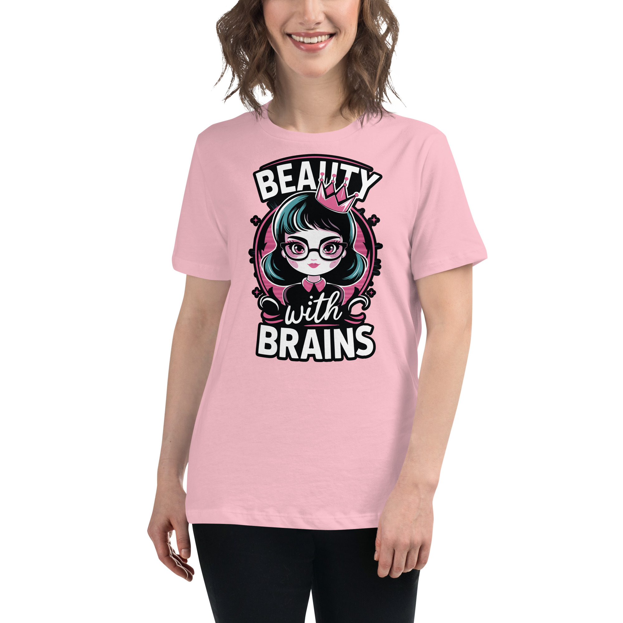 womens-relaxed-t-shirt-pink-front-68346f2ef3161.jpg Beauty Brains Women's Relaxed T-Shirt