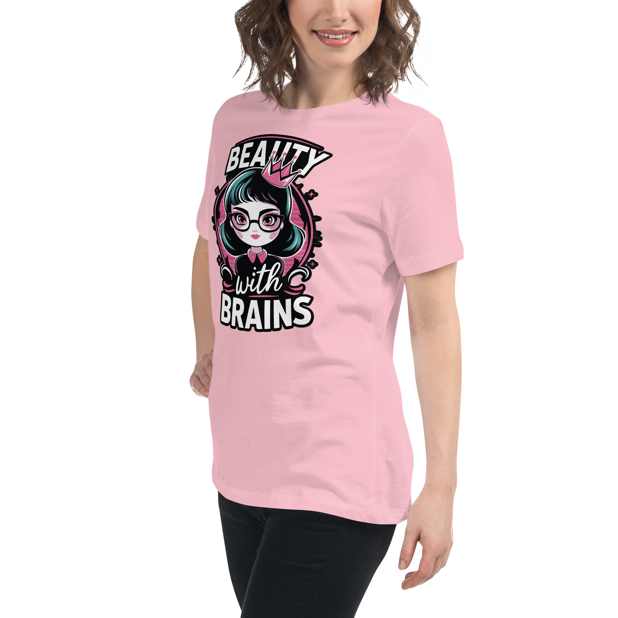 womens-relaxed-t-shirt-pink-left-front-68346f2f0af93.jpg Beauty Brains Women's Relaxed T-Shirt
