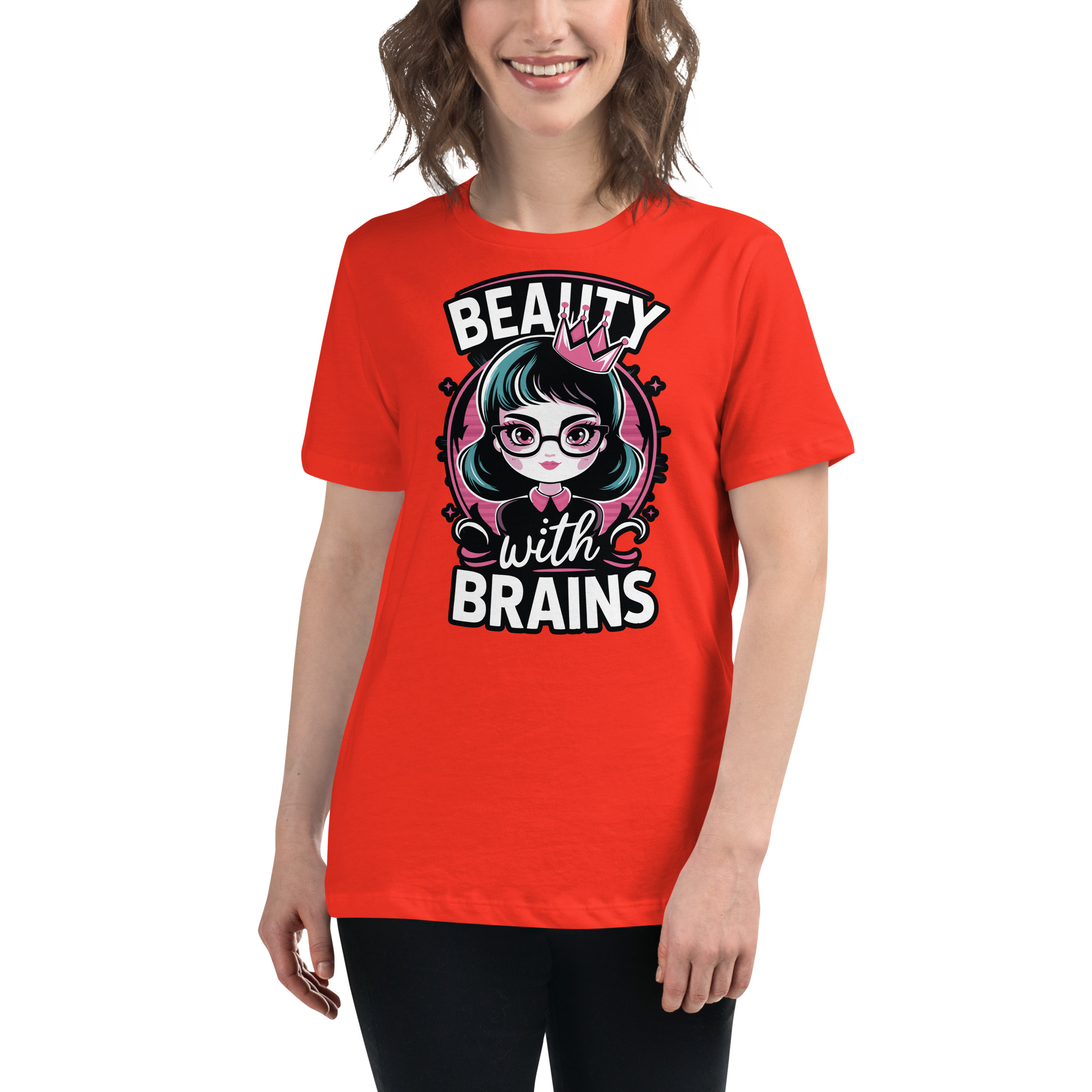 womens-relaxed-t-shirt-poppy-front-68346f2e4ebef.jpg Beauty Brains Women's Relaxed T-Shirt