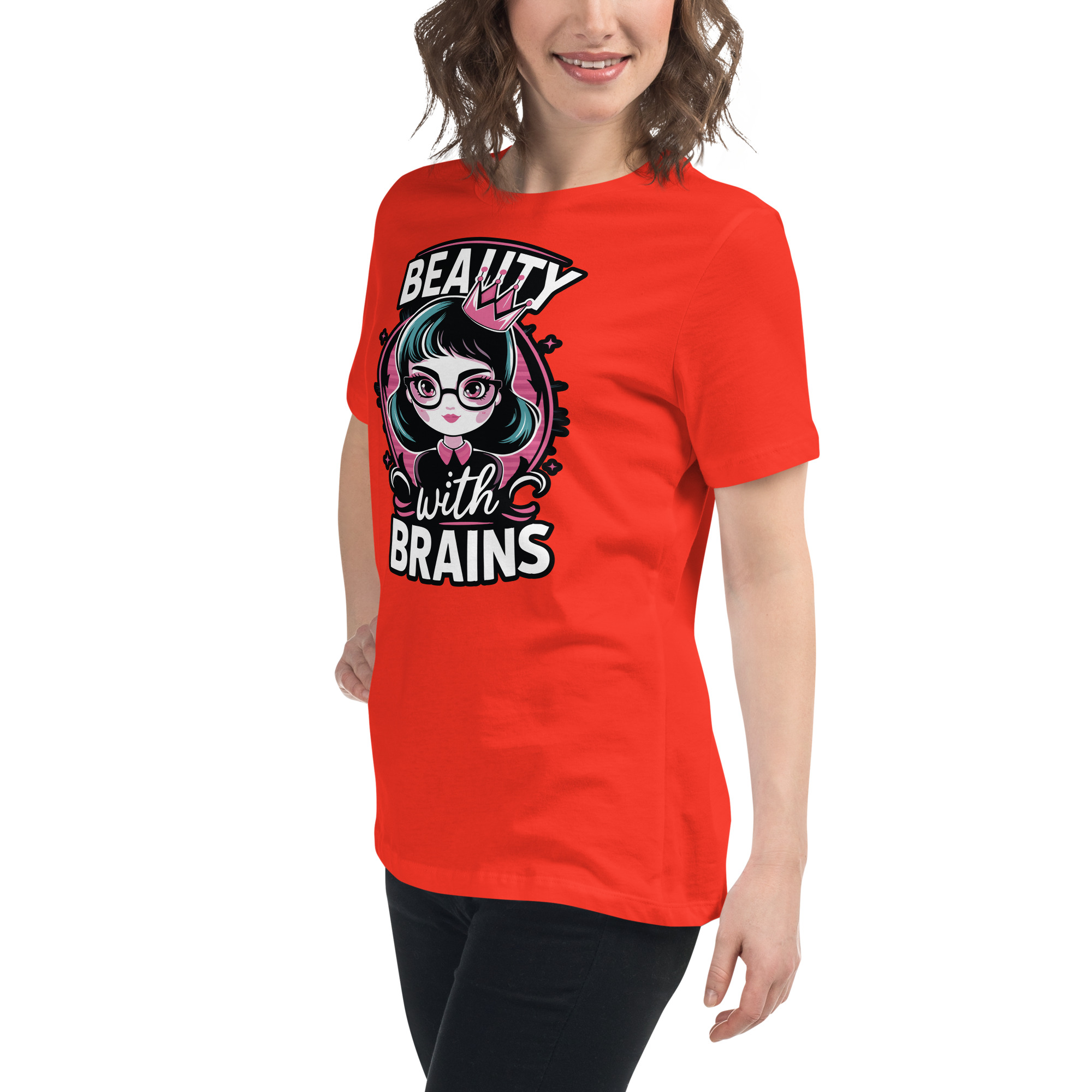 womens-relaxed-t-shirt-poppy-left-front-68346f2e522c7.jpg Beauty Brains Women's Relaxed T-Shirt