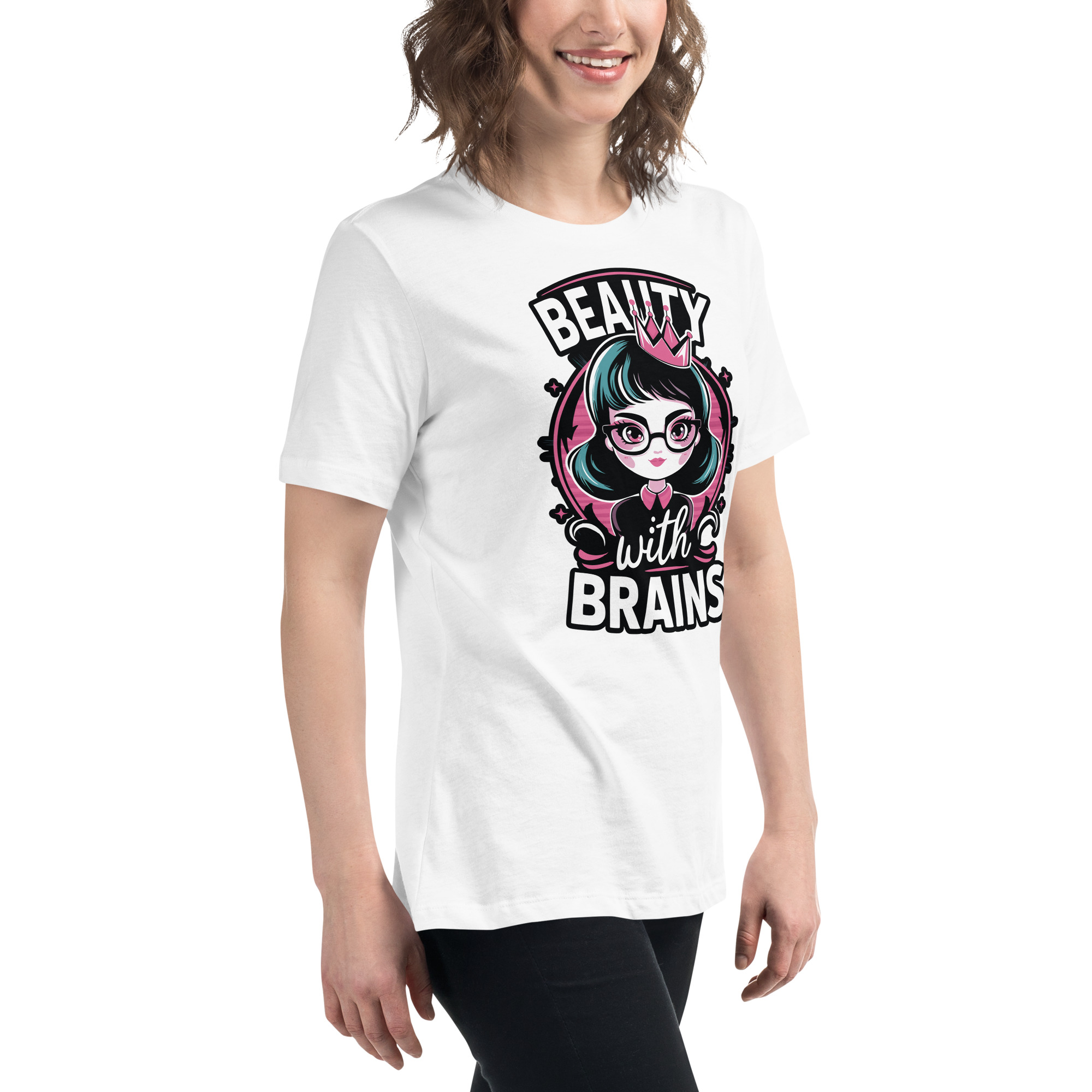 womens-relaxed-t-shirt-white-right-front-68346f2f7bc3c.jpg Beauty Brains Women's Relaxed T-Shirt