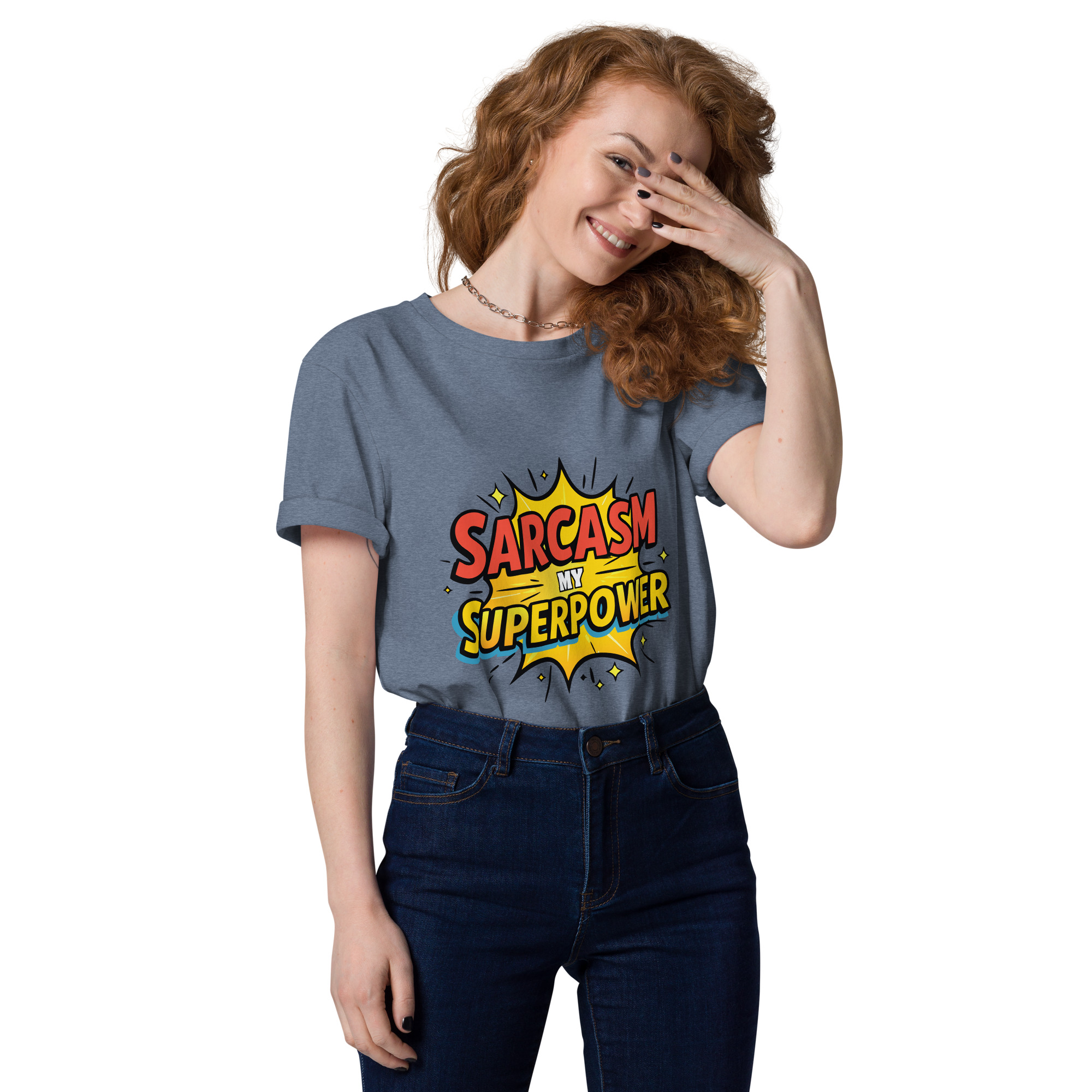 unisex-organic-cotton-t-shirt-dark-heather-blue-front-6871d8cfc91bd.jpg Sarcasm Unisex organic cotton t-shirt
