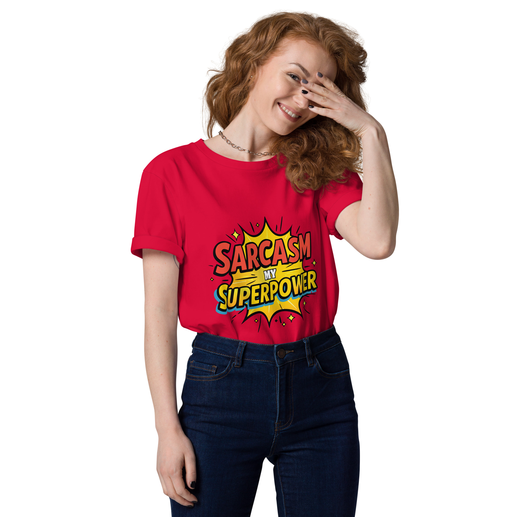 unisex-organic-cotton-t-shirt-red-front-6871d8cfa63bd.jpg Sarcasm Unisex organic cotton t-shirt